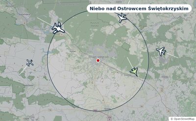 Mapa okolic miasta z sylwetkami samolotów — Niebo nad Ostrowcem Świętokrzyskim